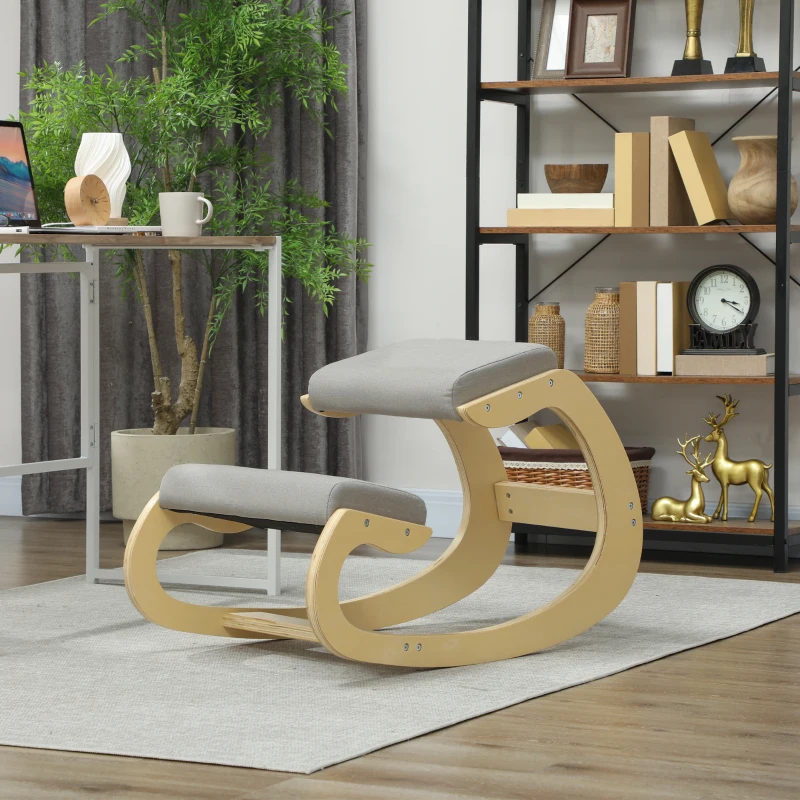 HOMCOM Sedia Ergonomica con Inginocchiatoio e Reclinabile, in Tessuto Effetto Lino e Legno, 55x85x55 cm, Grigio Chiaro