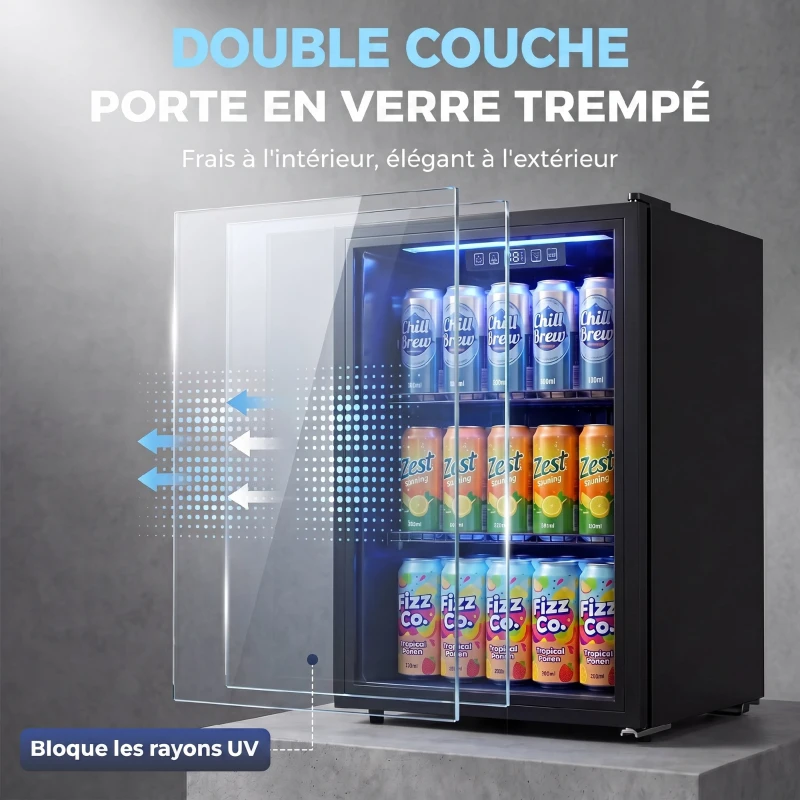 HOMCOM Réfrigérateur à boissons 70L et 70 canettes, petit frigo silencieux, porte en verre trempé, étagères réglables, noir