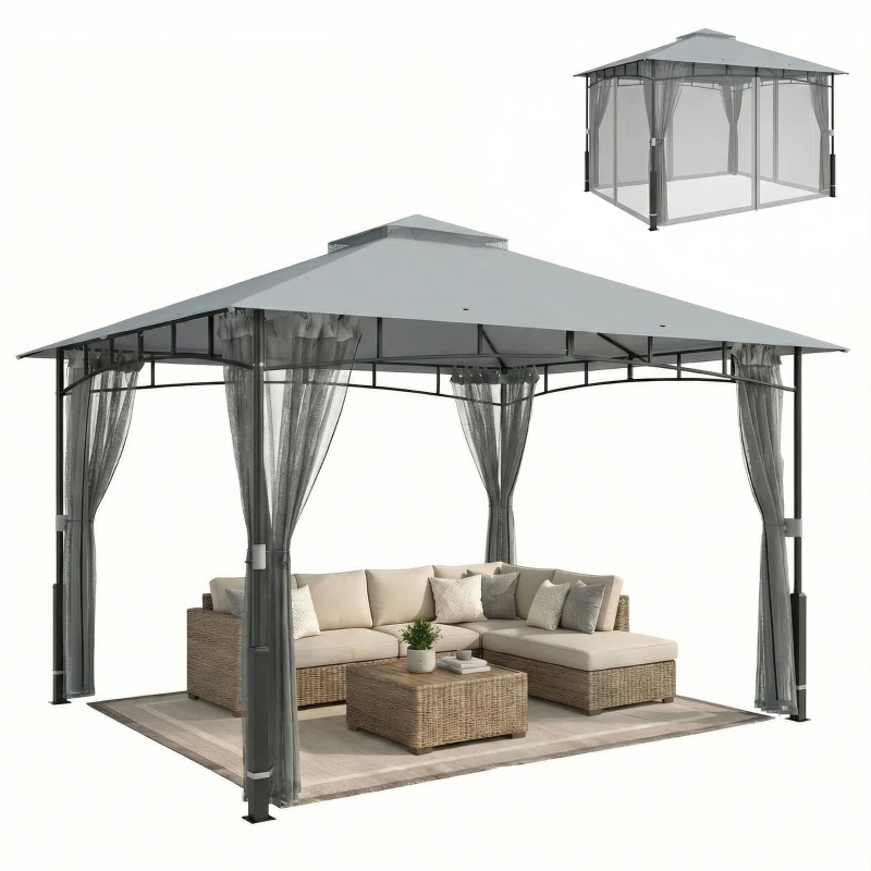 Outsunny Carpa para Jardín con Techo Doble Cenador con Paredes de Malla UPF50+ para Exterior Terraza 360x300x275 cm Gris
