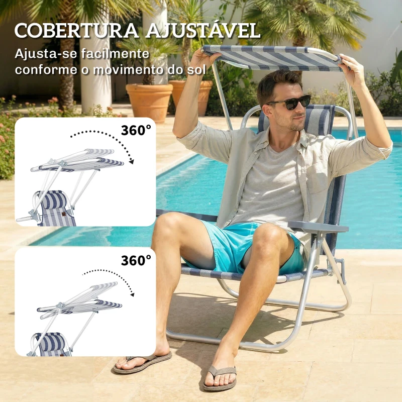 Outsunny Conjunto de 2 Cadeiras de Praia Dobráveis com Toldo Ajustável, Encosto Reclinável em 6 Posições e Apoio de Cabeça, Azul e Branco