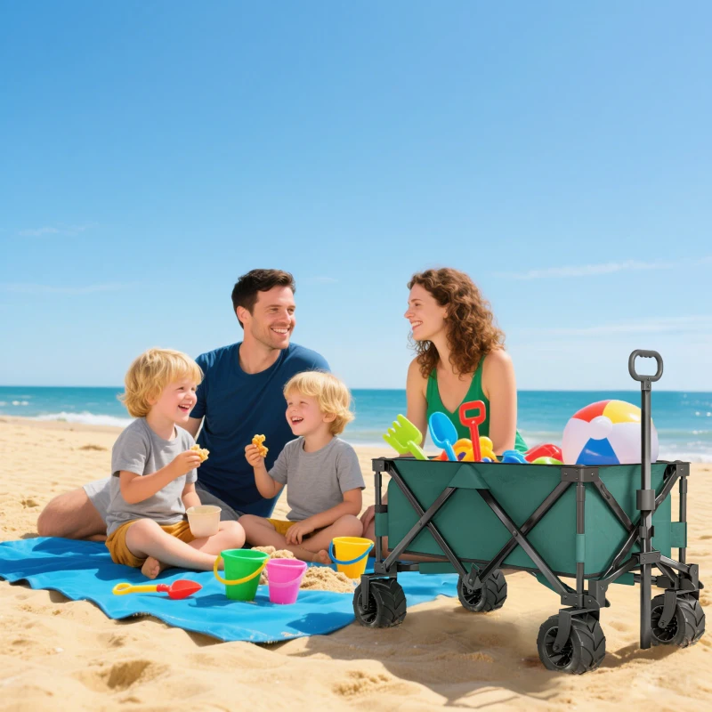 Outsunny Outdoor Folding Garden Trolley on Wheels - Pull Along Camping Cart, Cargo Wagon Trailer with Telescopic Handle and Big Wheels for Beach Garden, Green