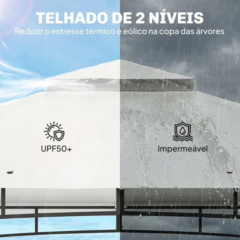 Outsunny Pérgola para Jardim 3x3,6 m com Telhado Duplo Paredes de Rede UPF50+ Estrutura Metálica Creme e Teca