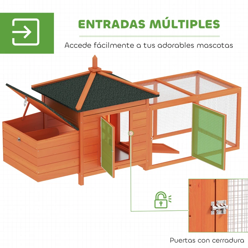 PawHut Gallinero de Madera Exterior Jaula para Gallinas con Nidos Corral Bandeja Extraíble Tapa Abatible 196x76x97 cm Naranja
