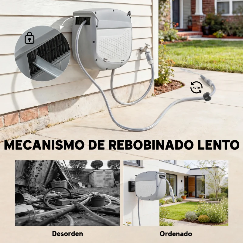 Outsunny Carrete de Manguera Retráctil 10+1 m con Boquilla de 2 Modos Bloqueo Automático y Retracción Controlada Soporte Gris
