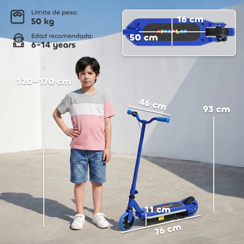 AIYAPLAY Patinete Eléctrico para Niños con Luces LED Acelerador de Pulgar y Ruedas sin Pinchazos Velocidad de hasta 10 km/h Azul
