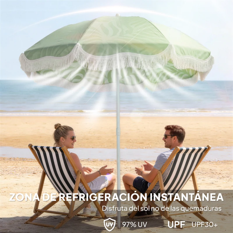Outsunny Sombrilla de Playa con Flecos Ø180 cm Altura Ajustable Inclinación Anclaje Arena y Bolsa de Transporte UPF30+ Verde
