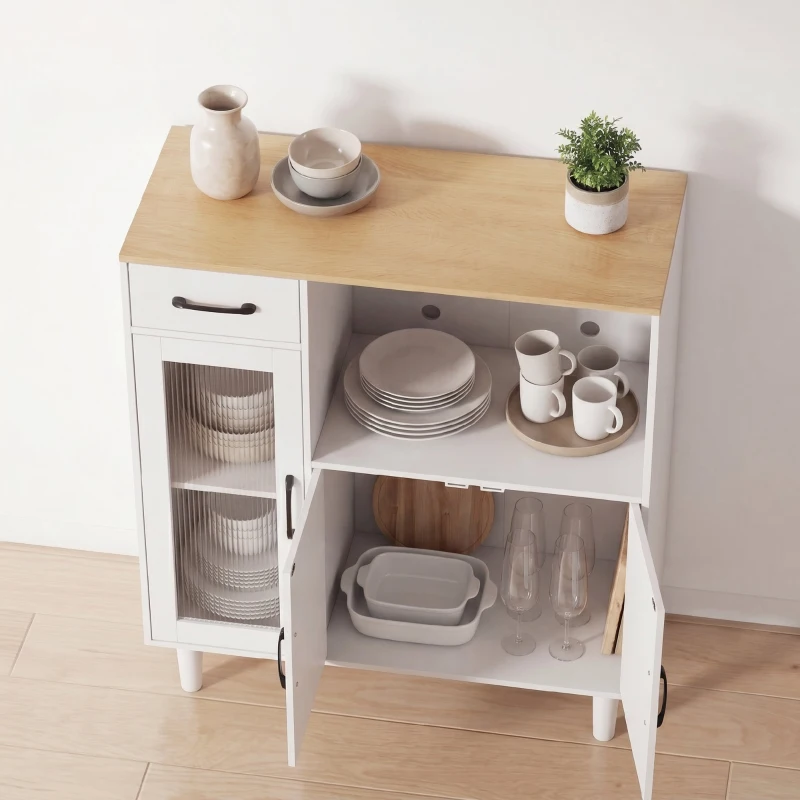 HOMCOM Aparador de Cocina Moderno con Puerta de Acrílico Cajón Estante Ajustable Compartimento Abierto 80x34x91 cm Blanco