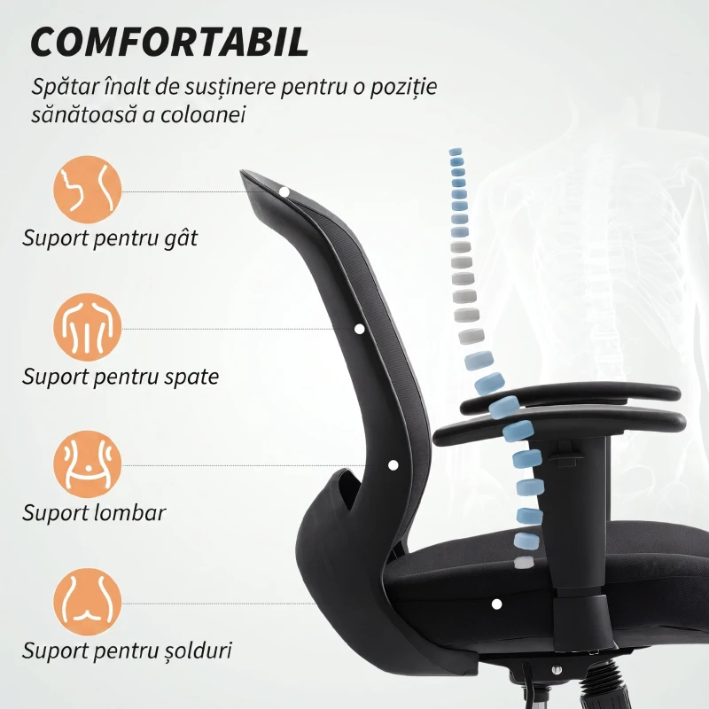 HOMCOM Scaun de Birou Respirabil și Reglabil pe Înălțime, din Material Plasă, 65x59x92.5-102.5 cm, Negru