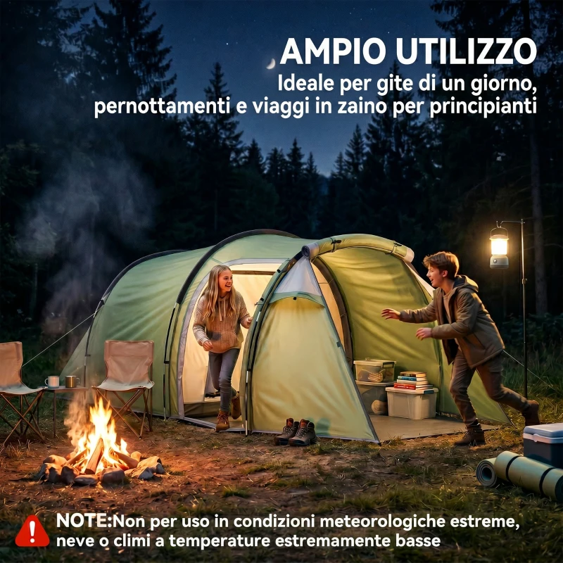 Outsunny Tenda da Campeggio 2-4 Posti con Telo Impermeabile e Porte con Cerniera, 426x206x15 cm, Verde Scuro