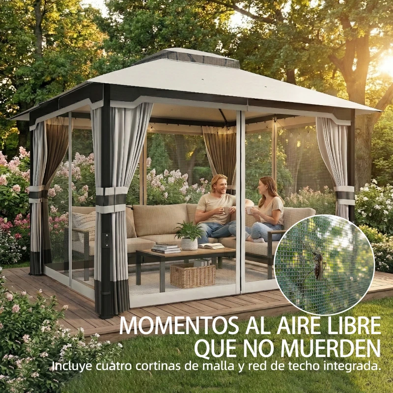 Outsunny Carpa para Jardín con Techo Doble Cenador con 4 Paredes y Mosquitera para Exterior Terraza 360x300x279 cm Gris Claro