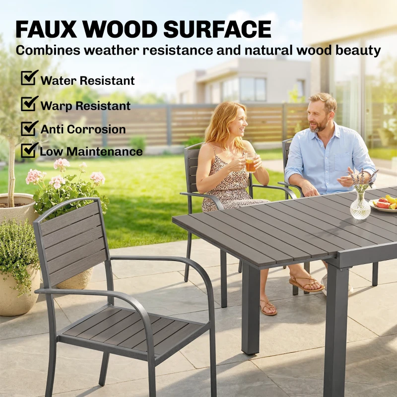 Outsunny Gartenmöbel Set Sitzgruppe 7-teilig Ausziehbar Tisch mit 6 stapelbaren Stühlen Holzoptik Lamelldesign Aluminiumrahmen