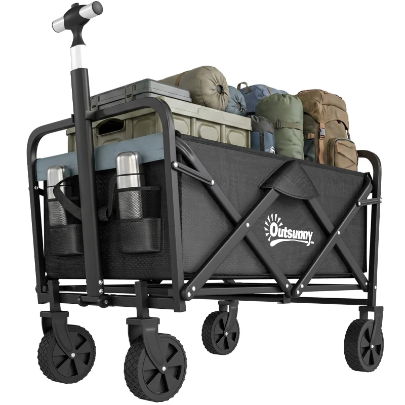 Outsunny Carro de Jardín Plegable con 4 Ruedas Longitud y Ángulo del Mango Ajustables Capacidad 70 L 77x50x63-93 cm Negro