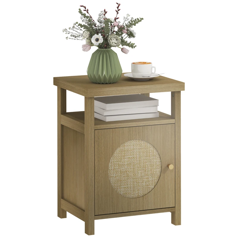HOMCOM Mesita de Noche con Puerta de Ratán Mesilla de Noche con Estante Abierto y Compartimento 40x35x55 cm Madera Natural