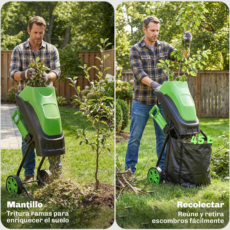 Outsunny Trituradora de Ramas Eléctrica 2500W con 2 Cuchillas Reversibles hasta Ø44 mm de Ramas Bolsa 45L Ruedas Verde