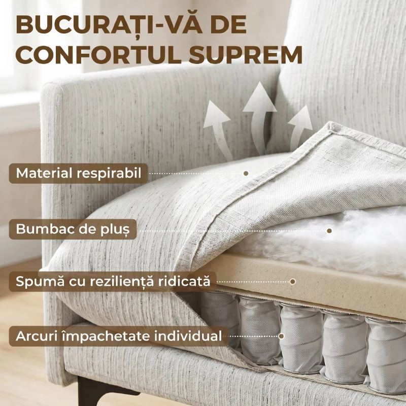 HOMCOM Canapea 2 Locuri cu Brațe, Perne Groase și 2 Perne, 131x78x83 cm, Alb
