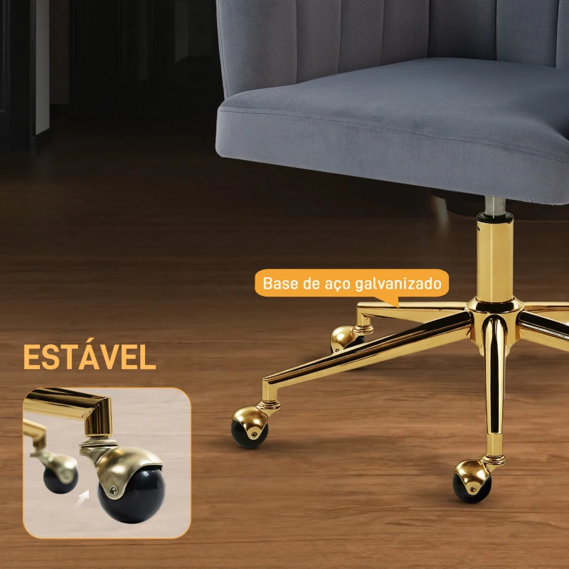 HOMCOM Cadeira de Escritório com Rodas de Veludo com Encosto Acolchoado Altura Ajustável Espuma Alta Resiliência Cinzento