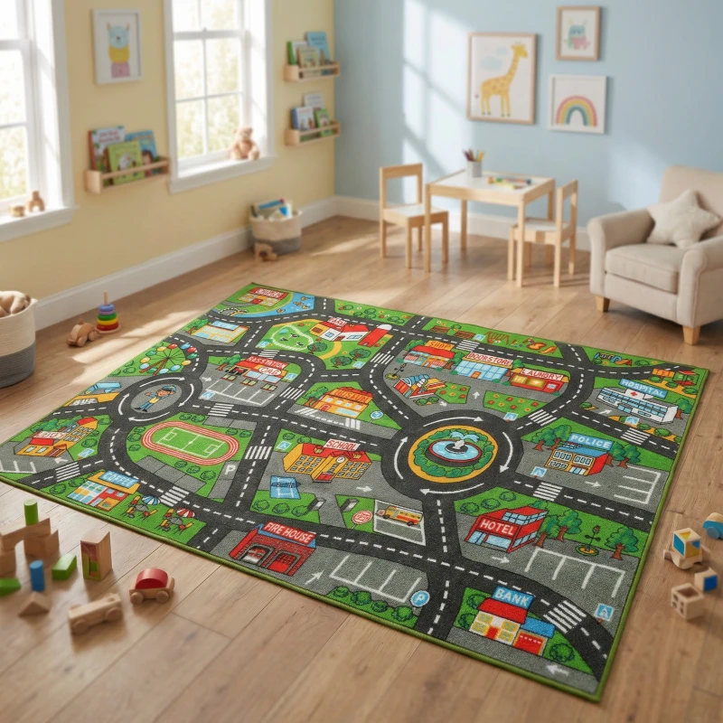 AIYAPLAY Tapis de jeu pour bébé, tapis de sol antidérapant, motif de route de la ville, 200 x 150 cm, multicolore