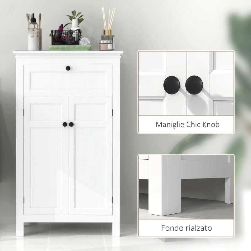 HOMCOM Mobile Bagno con 2 Ante e Cassetto, Mobiletto Bagno Salvaspazio con Ripiani Regolabili, 60x30x102.5 cm, Bianco