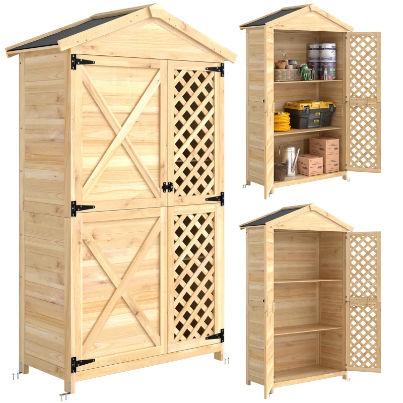 Outsunny Armario de Exterior de Madera con Techo Inclinado Asfalto 2 Puertas con Pestillo 2 Estantes 101,5x49x176 cm Natural