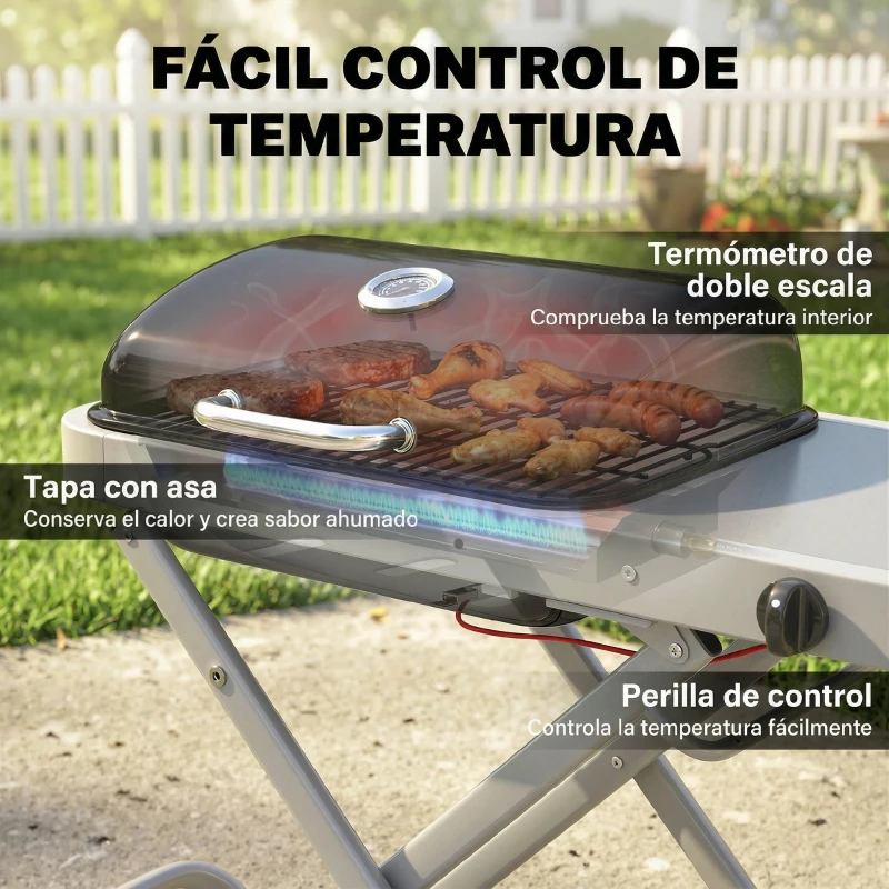 Outsunny Barbacoa de Gas Plegable con Quemador 2,5 kW Tapa Termómetro Mesa Lateral y 2 Ruedas Parrilla Recogedor Grasa Negro