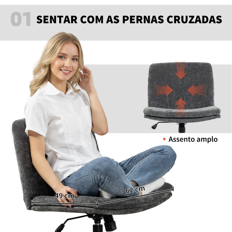 HOMCOM Cadeira de Escritório com Assento Largo sem Apoios de Braço Rodas Altura Ajustável Giratória Função Basculante 62x67x83-93 cm Cinza