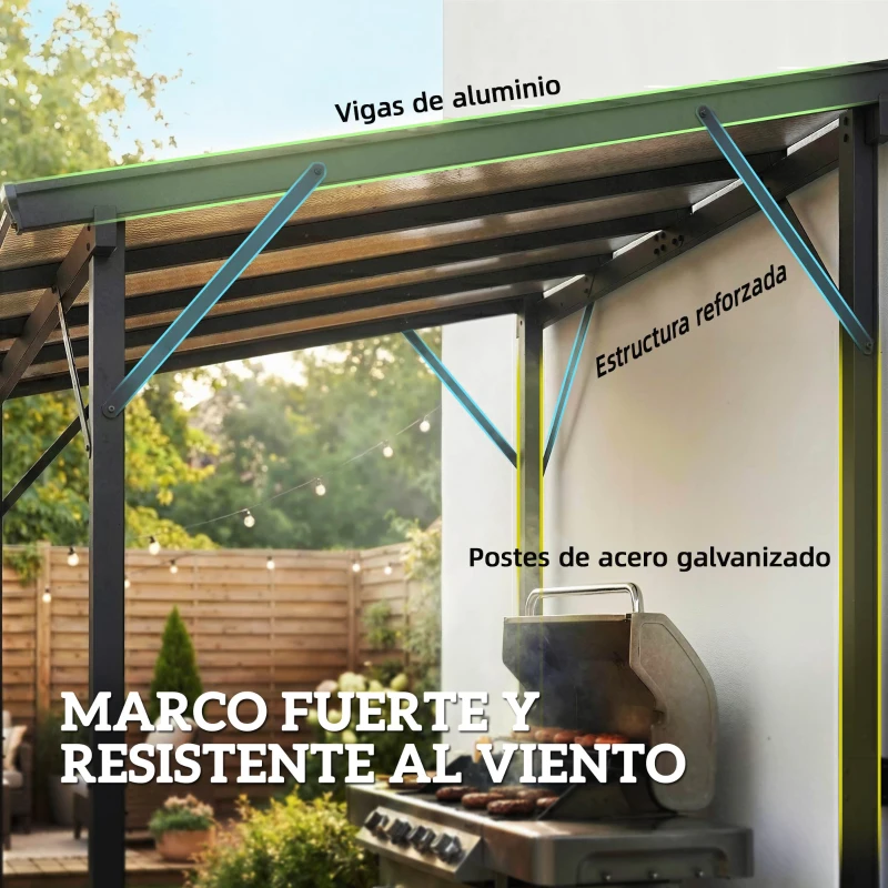 Outsunny Carpa Barbacoa 2,5x1,5 m con Techo de Policarbonato Diseño Adosado Estructura de Metal y Aluminio para Exterior Gris