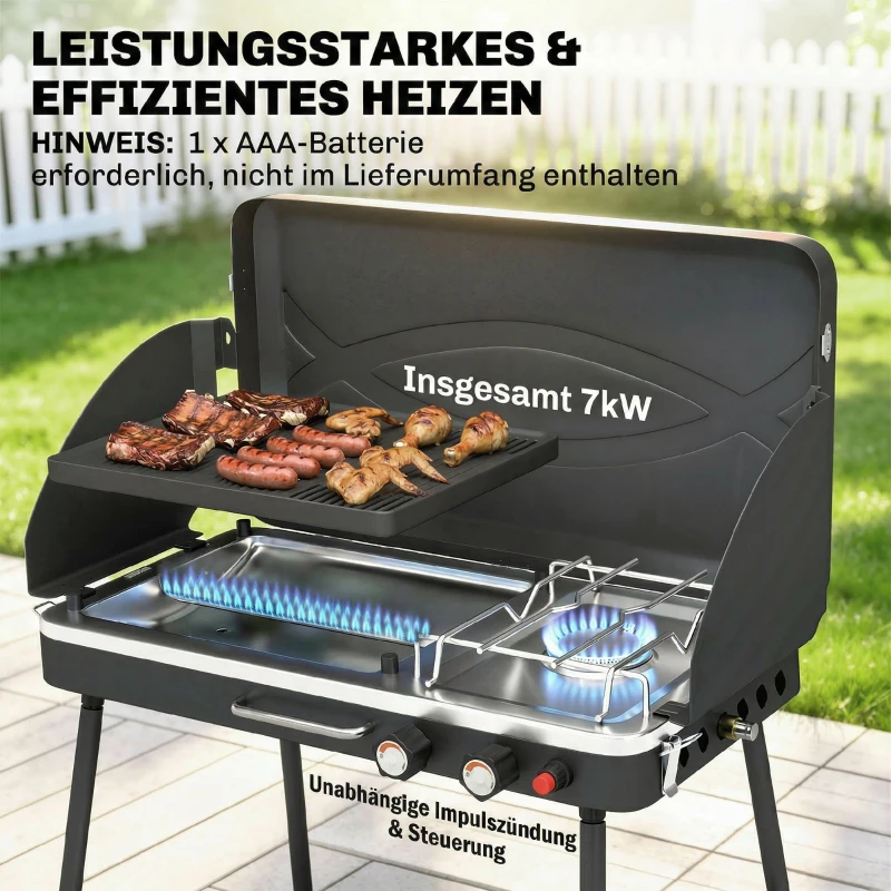 Outsunny Tragbarer Gasgrill 2 Brenner 7 kW 2-in-1 Tischgrill mit Braten klappbar Beinen Grillrost Windschutz Deckel Verschluss