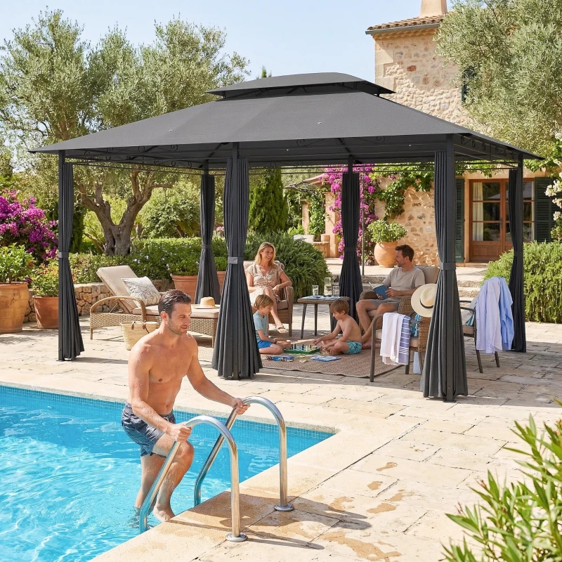 Outsunny Pérgola de Jardim 3x4 m com Teto Duplo 6 Paredes Laterais Estrutura Metálica Drenagem Pérgola para Exterior  Cinzento