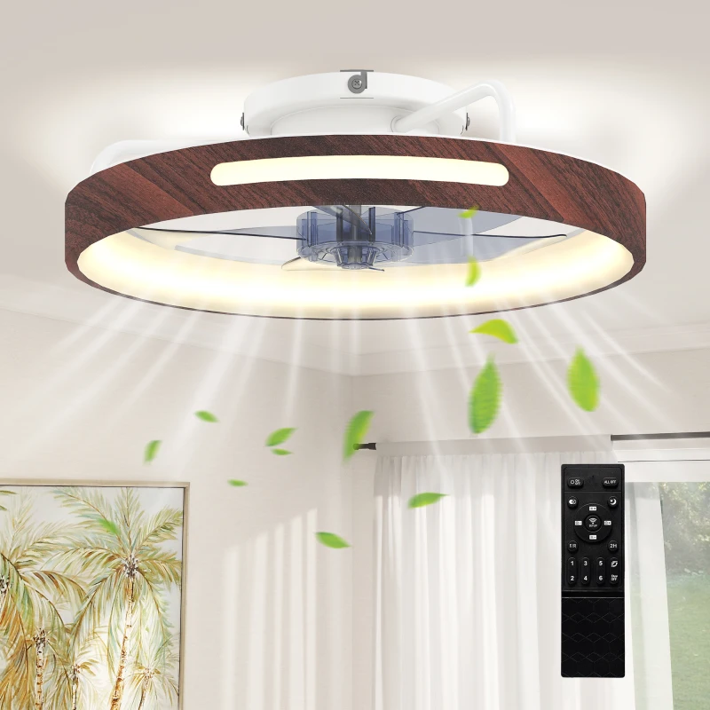 HOMCOM Ventilador de Teto com Luz LED 40 W Motor DC Reversível Comando à Distância 6 Velocidades 3 Cores Temporizador Teca