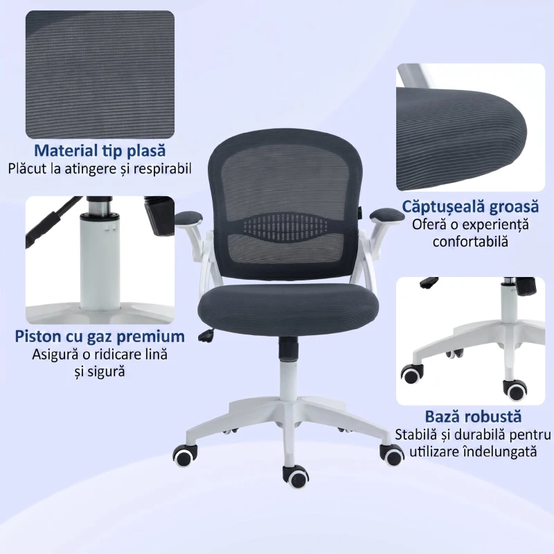 Vinsetto Scaun de Birou Ergonomic cu Spătar din Plasă și Înălțime Reglabilă, 65.5x61.5x88-97.5cm, Gri