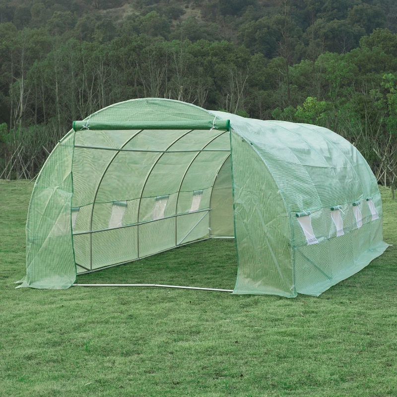 Outsunny Estufa Tipo Túnel 590x300x200cm com Porta Enrolável 8 Janelas Cobertura de PE 140g/m² e Tubo de Aço para Cultivos de Plantas Verduras Verde