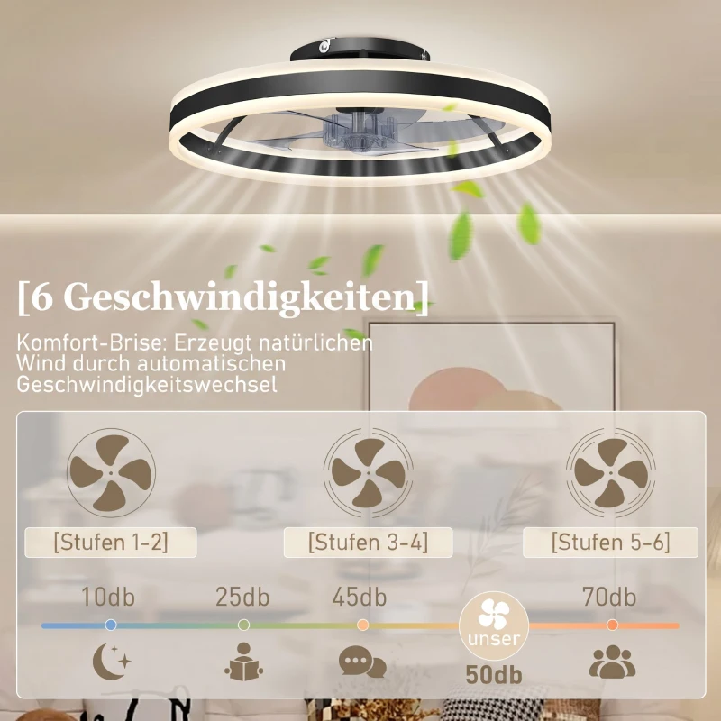 HOMCOM Deckenventilator mit Licht und Fernbedienung, LED-Deckenventilator mit 3 Farbtemperaturen, 6 Geschwindigkeiten, 50 cm