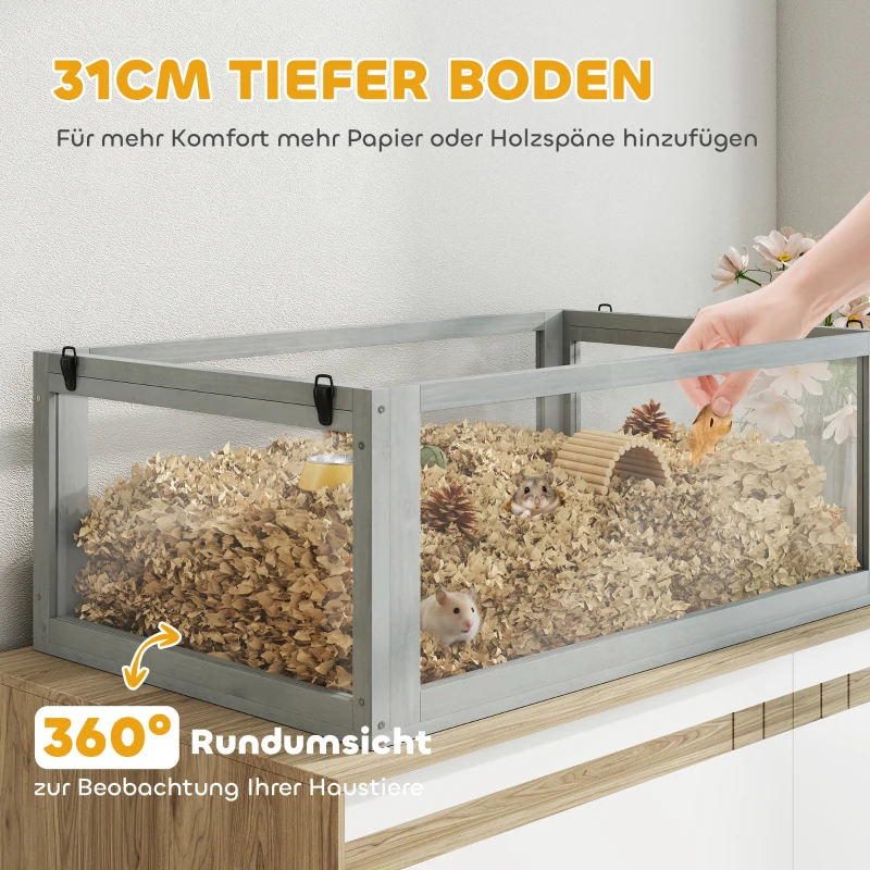 PawHut Hamsterkäfig Holz, 3 Etagen mit Tiefem Untergeschoss, Abnehmbare Ebenen, Für Kleintiere, 80x50x76cm, Hellgrau