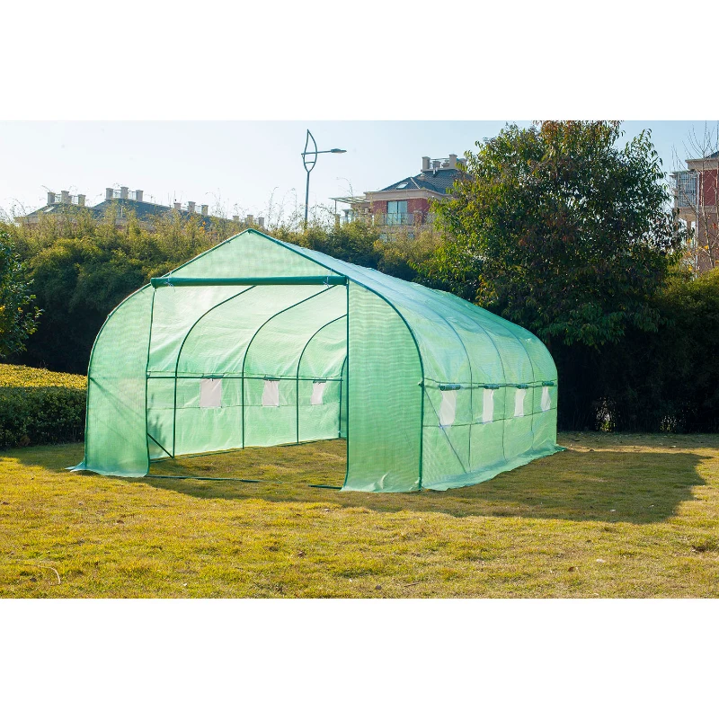 Outsunny Estufa Tipo Túnel de Jardim 600x300x200cm para Cultivo de Plantas Verduras com 8 Janelas e Porta Enroláveis com Zíper Aço Verde