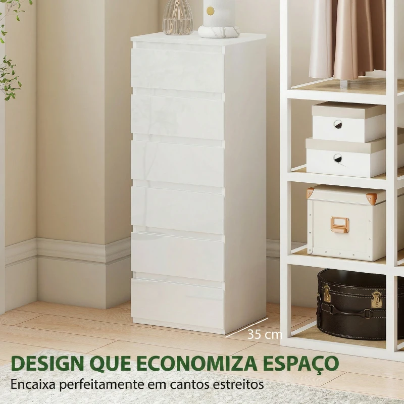 HOMCOM Cómoda 6 Gavetas Cómoda Quarto Estreita 40x35x109 cm Branco Brilhante