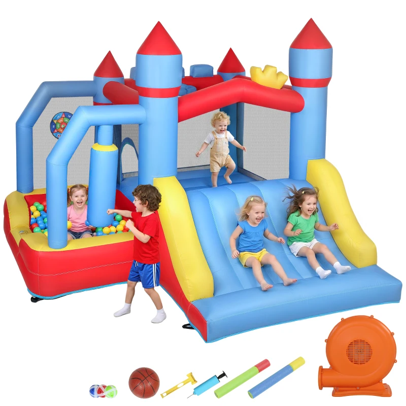 AIYAPLAY Castillo Hinchable para Niños con Soplador Tobogán Trampolín Piscina Pilar de Boxeo y Aro de Baloncesto 277x270x215 cm
