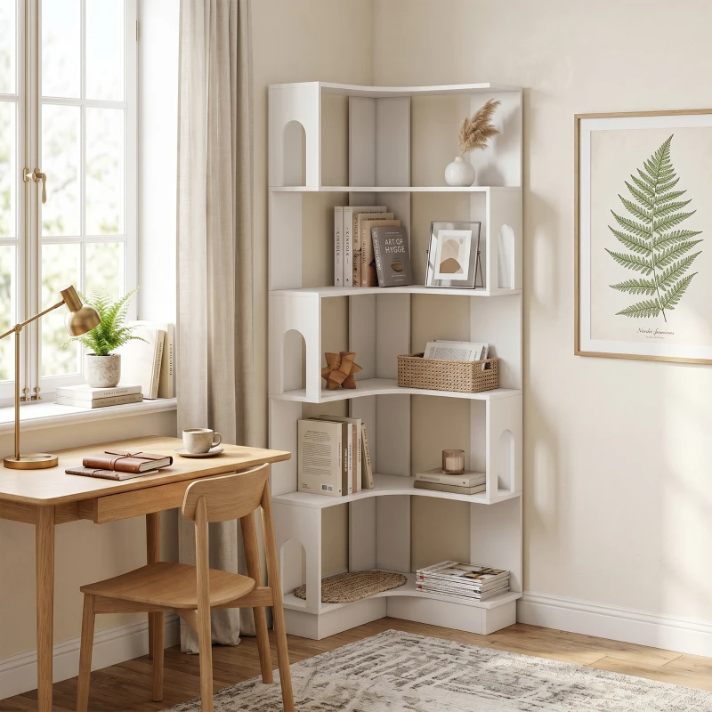 HOMCOM Estantería de esquina, estante de almacenamiento de 6 niveles con paneles laterales arqueados, 60 x 60 x 165,5 cm, blanco