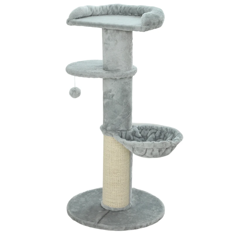 PawHut Árbol Rascador para Gatos 103,5 cm con Cama Hamaca Plataforma Poste de Sisal Grueso Bola Colgante Gris Claro