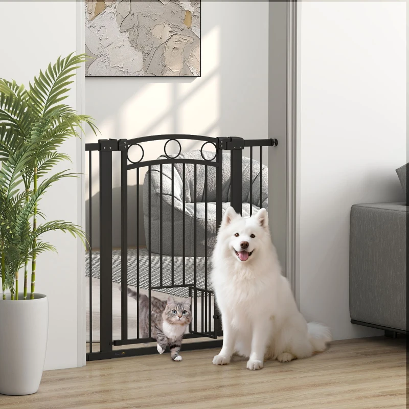 PawHut Haustiertor, 96 cm Treppengatter, verstellbare Breite 76-104 cm, mit Katzentür, für Treppen und Türöffnungen, Schwarz