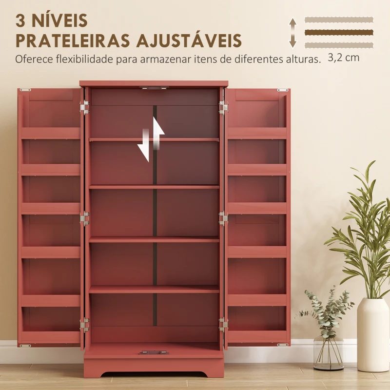 HOMCOM Aparador de Cozinha Armário de Cozinha 5 Níveis com Portas e Prateleiras Ajustáveis 60x40x120 cm Grão de Madeira Vermelho
