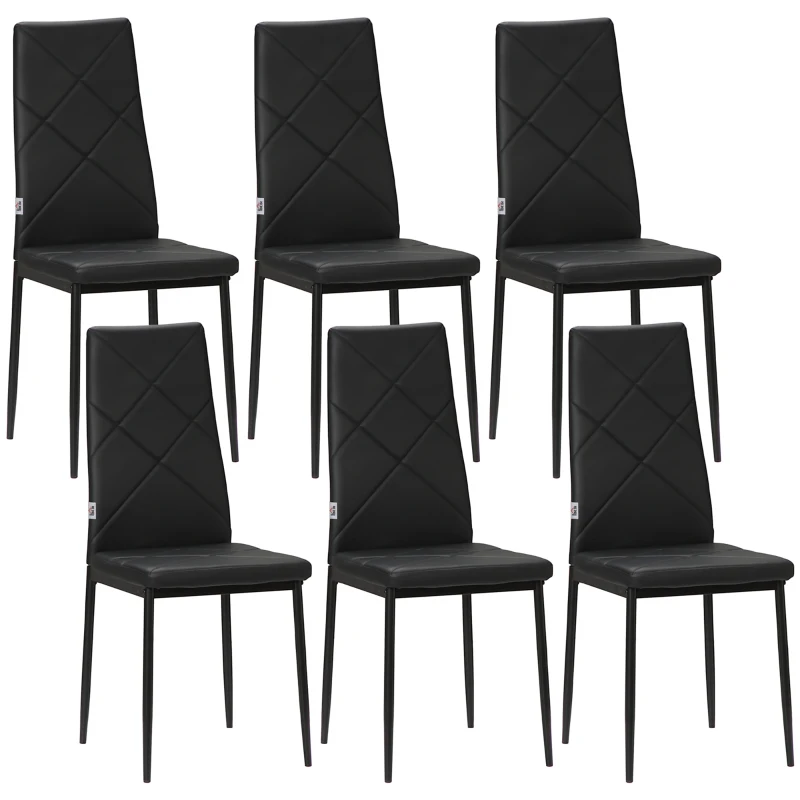 HOMCOM Conjunto de 6 Cadeiras de Sala de Jantar Estofadas em Couro Sintético com Encosto Alto e Pés de Aço 41x50x97cm Preto