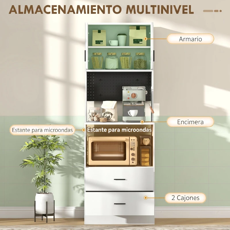 HOMCOM Mueble Auxiliar de Cocina con Soporte para Microondas 2 Cajones 2 Puertas y Panel Perforado de Metal Blanco