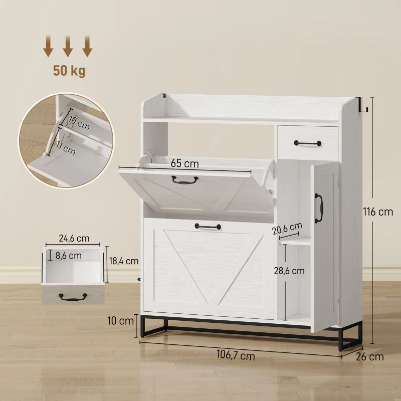 HOMCOM Zapatero Estrecho con 2 Cajones Abatibles Estantes Ajustables para 12 Pares para Espacio Reducido 106,7x26x116cm Blanco