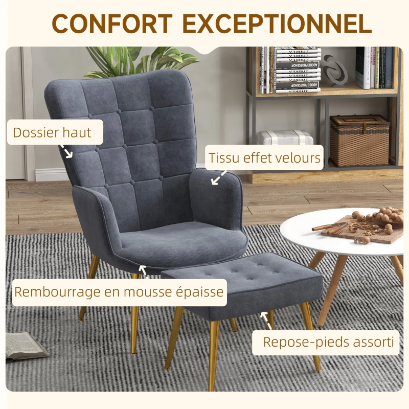 HOMCOM Fauteuil avec repose-pied, fauteuil salon capitonné avec dossier haut, pieds en acier doré et tissu velours, gris foncé