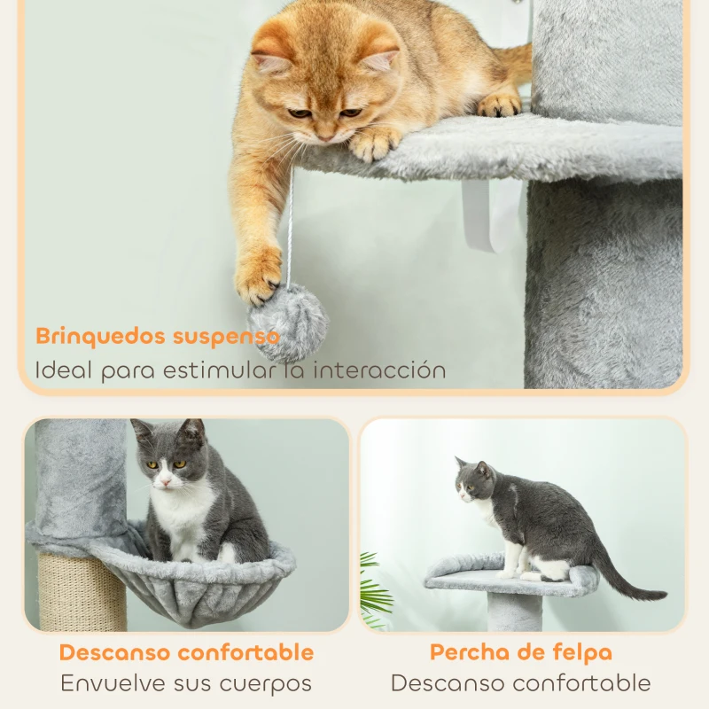 PawHut Árbol Rascador para Gatos 103,5 cm con Cama Hamaca Plataforma Poste de Sisal Grueso Bola Colgante Gris Claro
