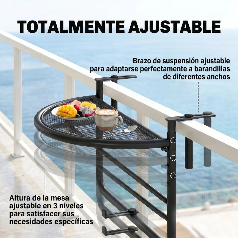 Outsunny Mesa Colgante de Balcón Semicircular 60x47x50 cm Ajustable en Altura Simple y Conveniente para Barandilla de Balcón Terraza Patio