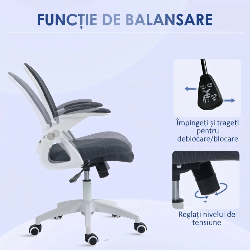 Vinsetto Scaun de Birou Ergonomic cu Spătar din Plasă și Înălțime Reglabilă, 65.5x61.5x88-97.5cm, Gri