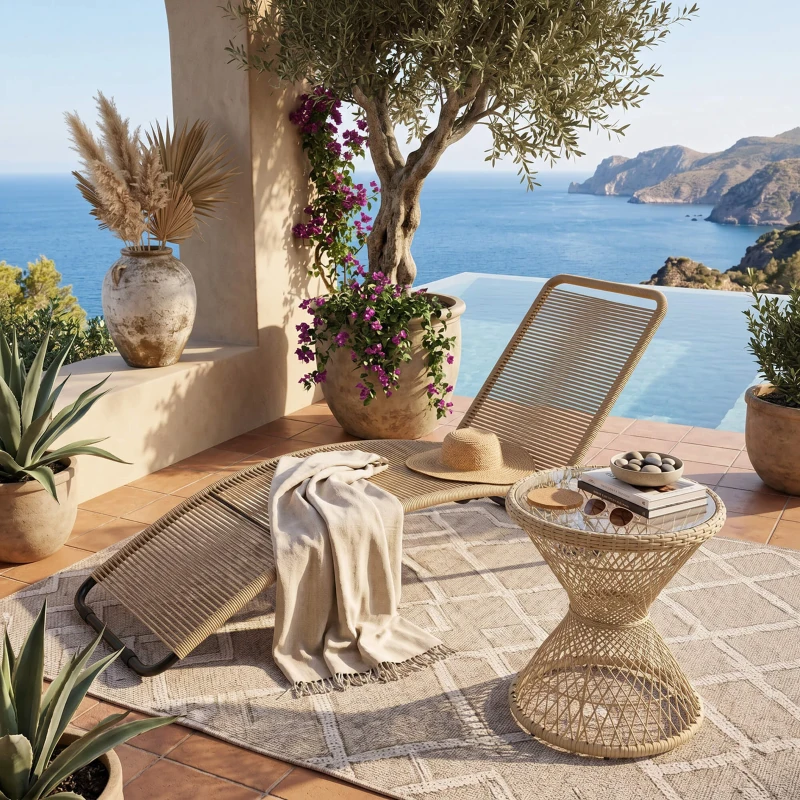 Outsunny Masă de cafea Boho design, placă de sticlă, PE-Rattan, 45 cm x 45 cm x 52 cm, Natural