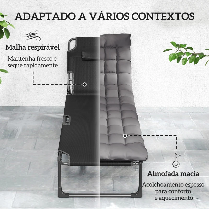 Outsunny Conjunto de 2 Espreguiçadeiras Dobráveis com Apoio de Cabeça, Almofadas, Bolso Lateral e Encosto Reclinável em 5 Posições, Cinzento Escuro