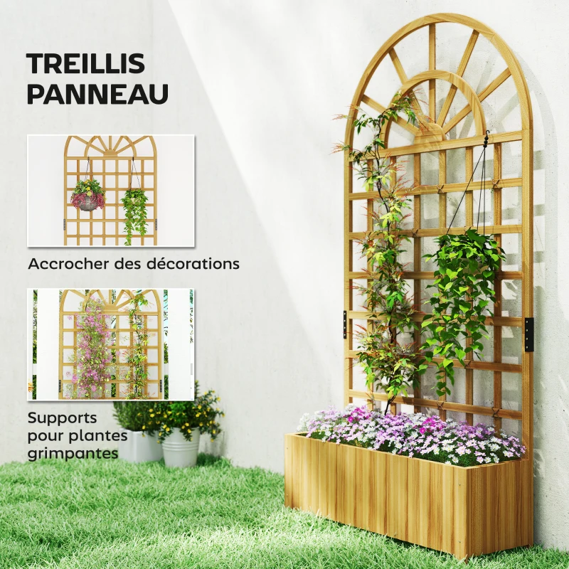 Outsunny Jardinière avec treillis, bac à fleurs, avec trous de drainage, en bois massif, 90 x 30 x 180 cm, effet bois naturel